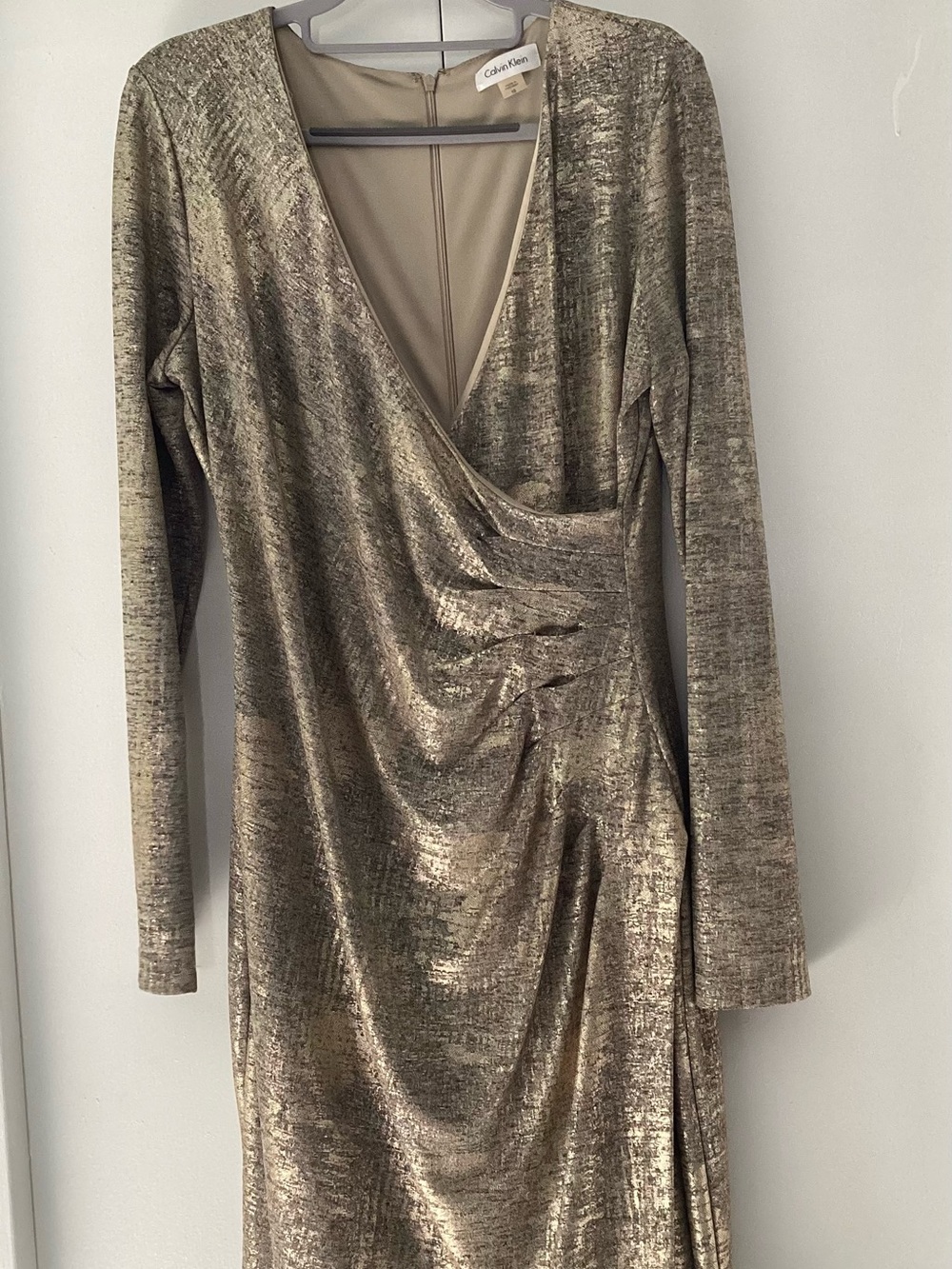 Calvin Klein Shimmery Gold-Tone Long Sleeve Wrap Dress